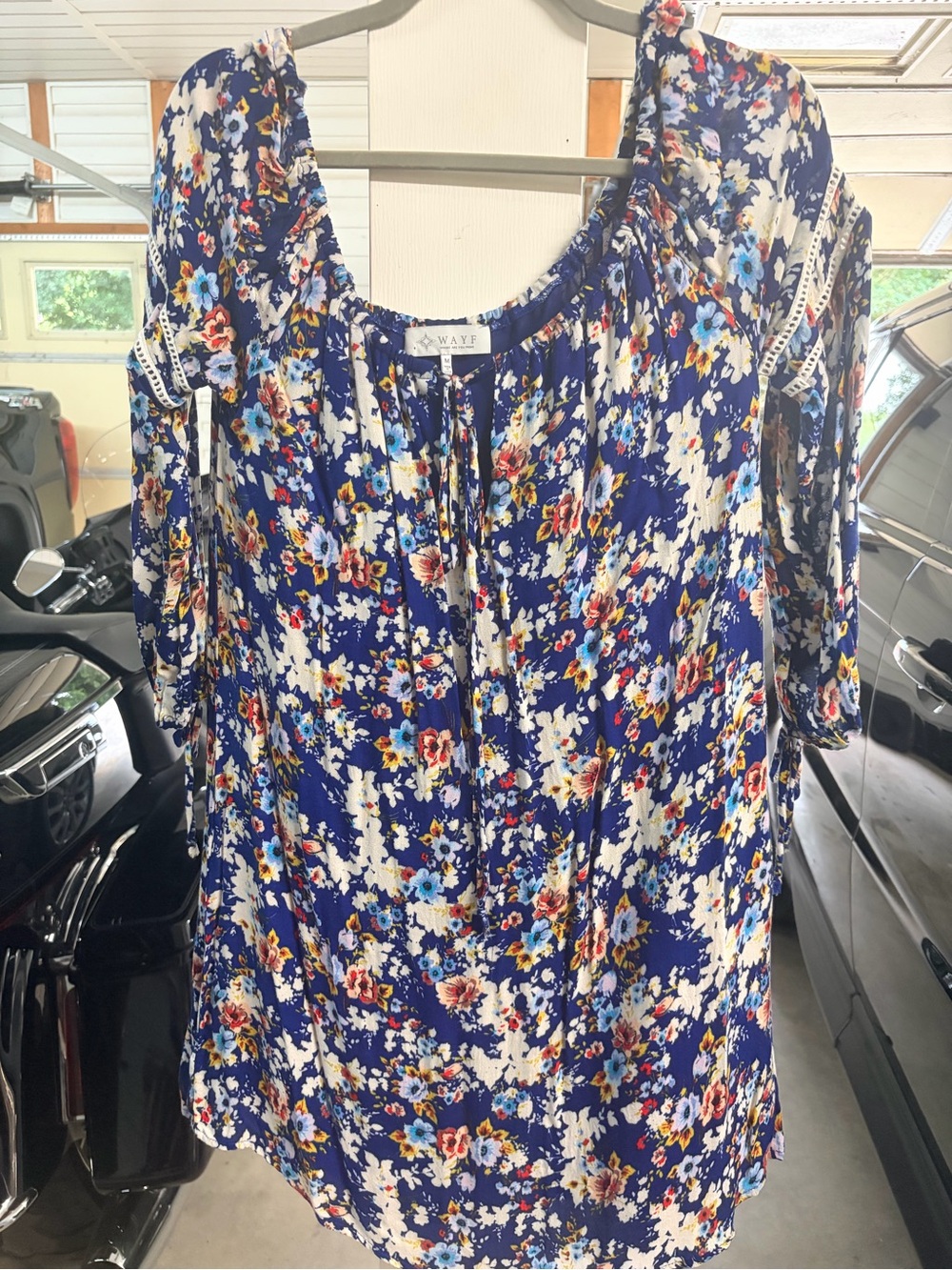 Wayf Navy Floral Midi Dress with Scoop Neck